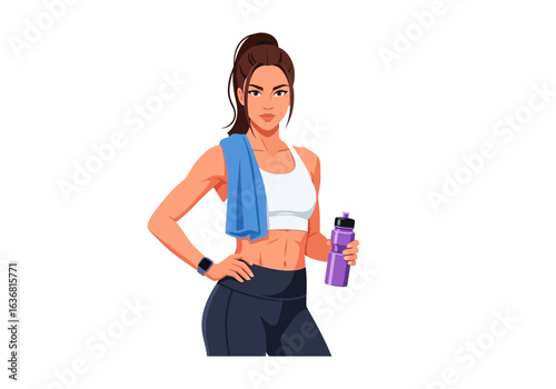 A fit and athletic woman with a towel and water bottle, exuding confidence after a workout