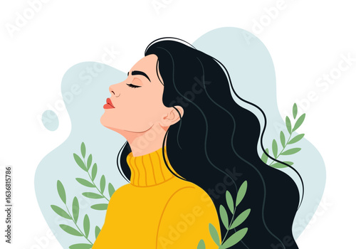 Beautiful woman with long black hair and red lips wearing a yellow turtleneck sweater with green leaves, isolated on white background