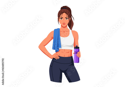 Athletic woman with muscular abs holding a blue towel and purple water bottle, wearing a white tank top and dark shorts, isolated on white background