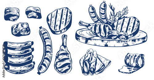 Fresh raw meat products. Sketch engraved style. Hand drawn vector illustration for butcher shop or restaurant menu 