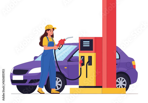 Woman filling up a car with gasoline at a gas station, isolated on white background