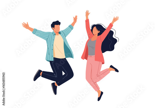 Happy couple, a man and a woman, jumping in the air with excitement and joy, celebrating success, isolated on white background