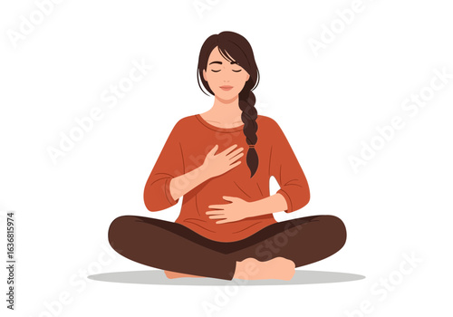 Young woman meditating peacefully with hands on chest and stomach, sitting in a lotus pose, isolated on white background