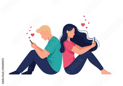 Couple sitting back to back using their phones with hearts floating around them, isolated on white background