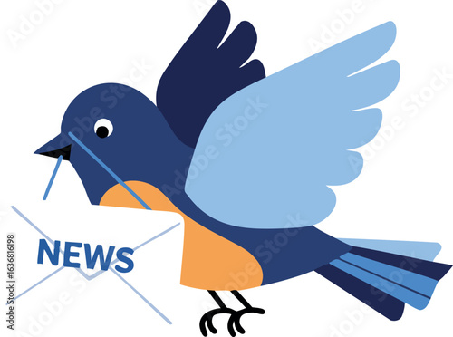 Blue and orange bird delivering news envelope vector illustration design 