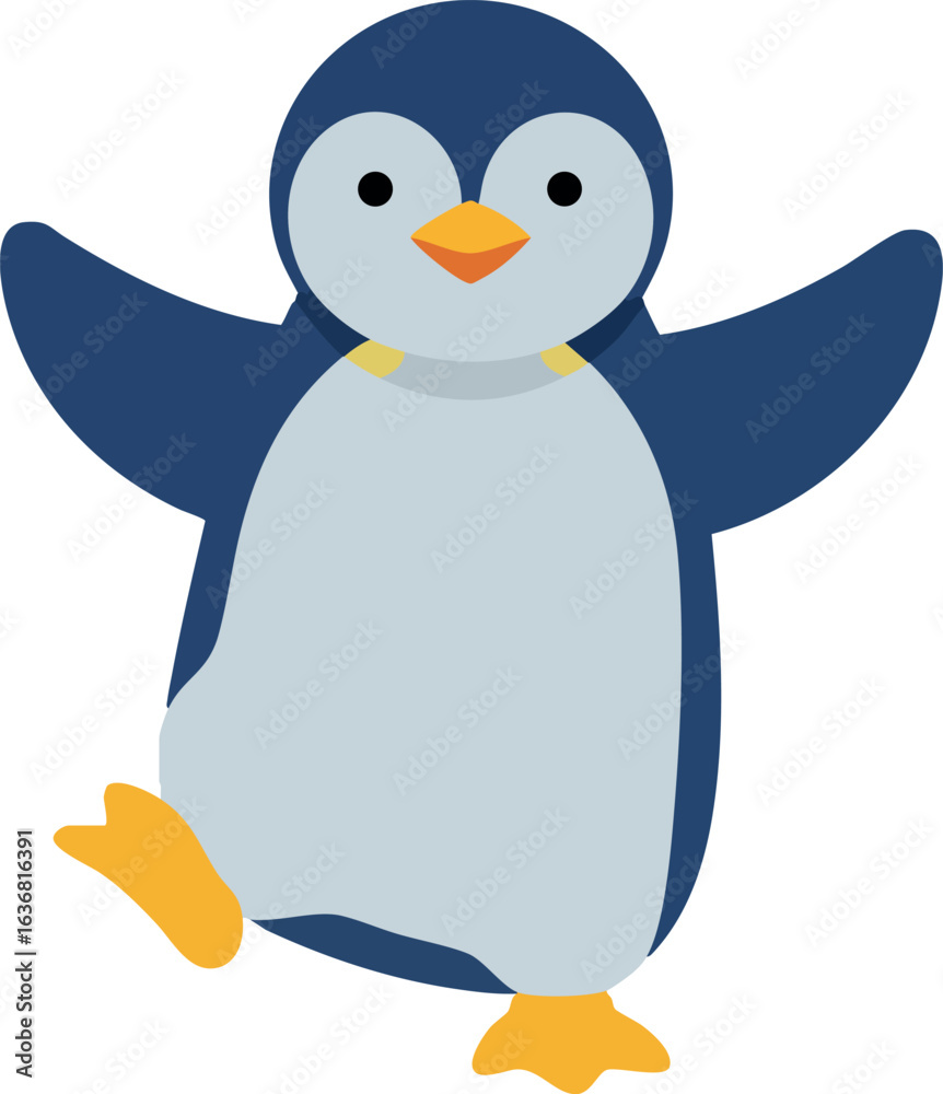 Obraz premium Penguin cartoon character with outstretched wings and orange feet vector illustration 