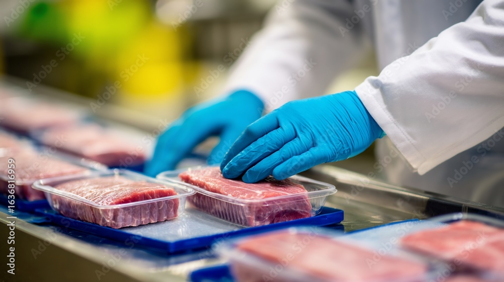 Worker handles packaged meat on a production line in a food processing facility Worker handles packaged meat on a production line in a food processing facility