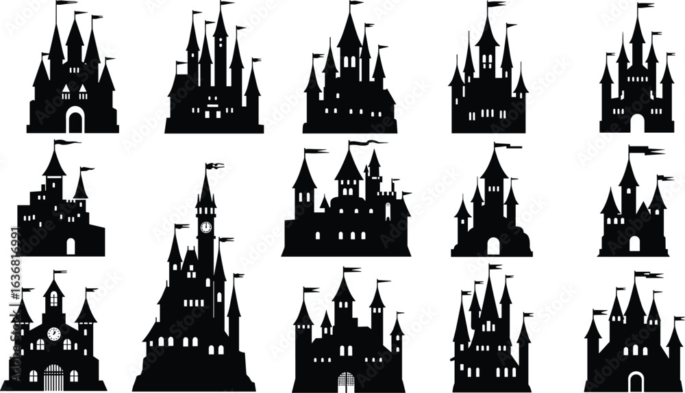 Naklejka premium Medieval castle silhouettes collection, black fortress icons, fairytale palace designs, vector illustration of historic architecture, fantasy kingdom buildings, isolated set
