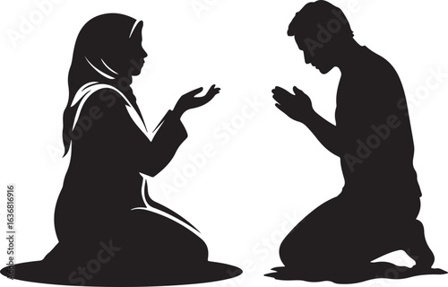 Vector silhouette illustration of a Muslim couple, a man and a woman in a hijab, kneeling in prayer.