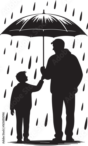 Silhouette of a father and son standing together under an umbrella in the rain. Vector illustration of family, love, and protection.