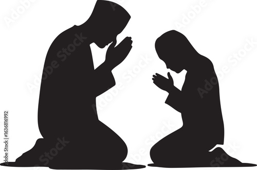 Black silhouette illustration of two individuals, parent and child, kneeling in a posture of respectful prayer or deep cultural reverence, representing spiritual tradition.