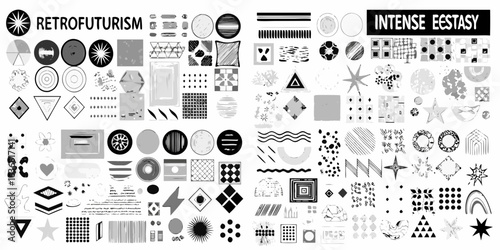 Retrofuturism and intense ecstasy abstract graphic elements collection