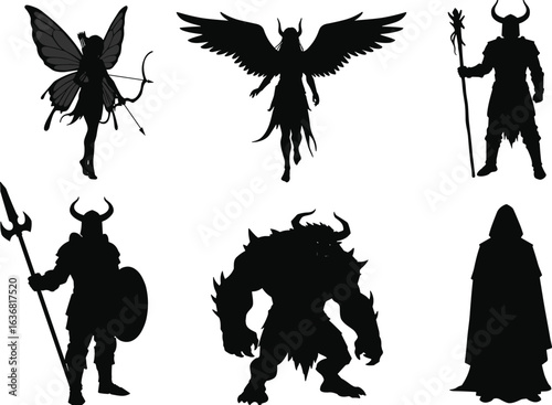 Fantasy warrior and creature silhouettes including fairy archer, winged demon, armored knight, mythical beast, mysterious hooded figure, black vector illustration
