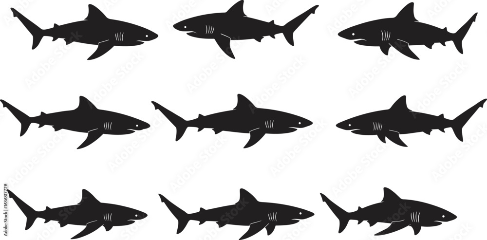 Fototapeta premium Shark silhouette pattern, repeated marine predator vector illustration, black sea animal design for decoration, seamless ocean wildlife artwork