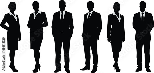 Silhouettes of professional men and women in business attire standing confidently, teamwork and leadership concept, vector illustration isolated design