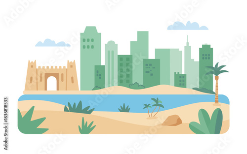 Coastal City Skyline with Sandcastle Beachfront Tropical Plants and Water View Scenic Urban Landscape Architecture and Vacation Destination