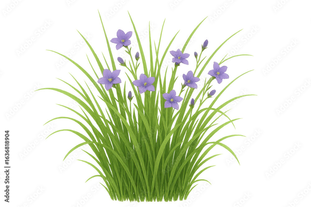 Fototapeta premium Lush Green Grass with Delicate Purple Flowers on Transparent Background