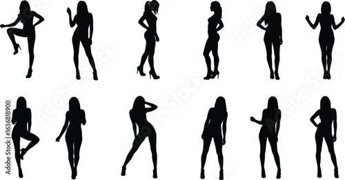 Collection of female model silhouette poses in fashion standing and dancing positions for design, vector illustration, modeling, style, and creativity