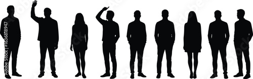 Group of men and women standing and waving silhouette vector illustration for business, teamwork, greeting, meeting, corporate communication, and people design