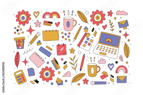 Doodle Style: Vibrant, whimsical doodles create a cheerful atmosphere with objects related to work and creativity.
