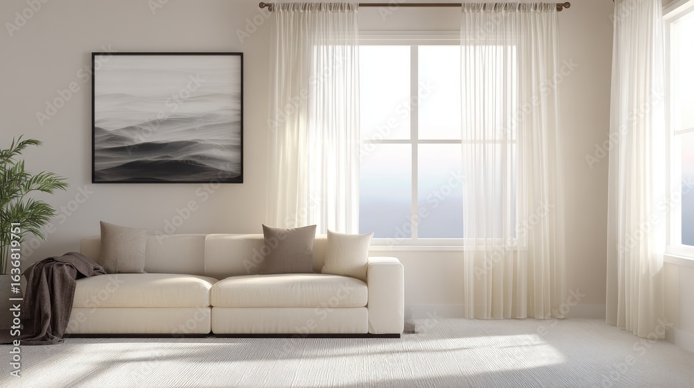 Fototapeta premium Scandinavian-inspired living space with neutral tones and abstract art, radiating modern comfort.