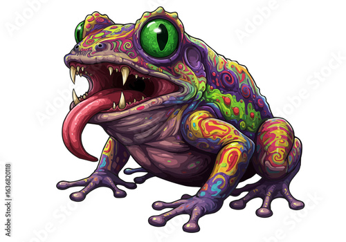 A colorful frog with an open mouth showing sharp teeth and a long tongue sticking out completely 100 on transparent background