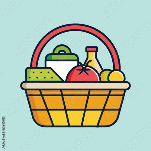 Illustration of a colorful picnic basket filled with fresh food items