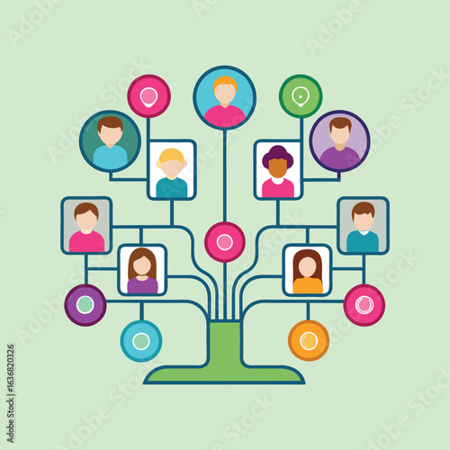 Family Tree and Social Network with Colorful Icon Set Flat Design