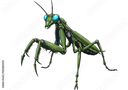 Illustration of a green robotic praying mantis with blue eyes and mechanical details on a white background on transparent background