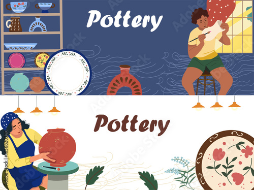 Horizontal banner. Pottery, workshop. Hand drawn illustration.