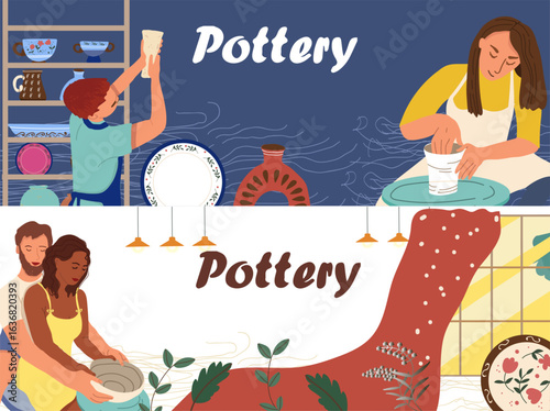 Horizontal banner. Pottery, workshop. Hand drawn illustration.