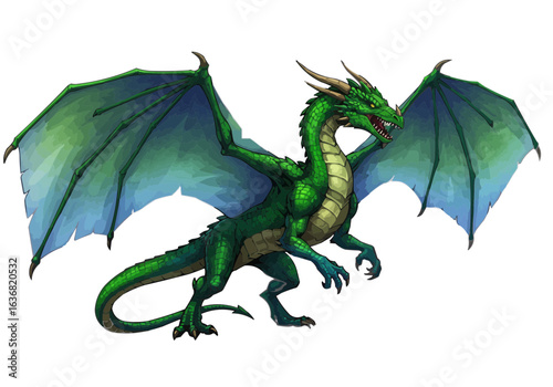 Illustration of a green dragon with large wings and sharp teeth on a white background view from below on transparent background