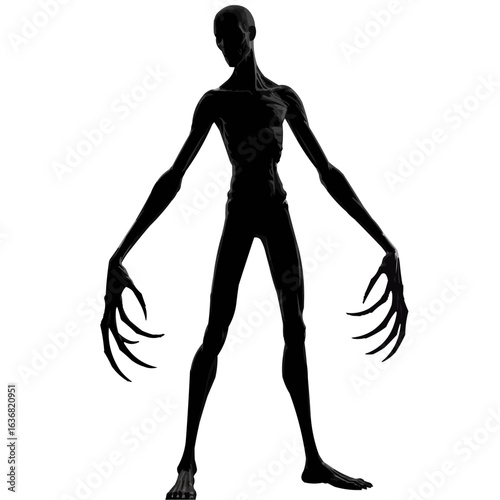 Silhouette of a slender humanoid figure with elongated limbs and clawed hands standing isolated on white on transparent background