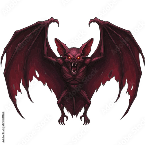 Illustration of a menacing bat creature with red eyes and large wings spread wide open in a threatening pose on transparent background