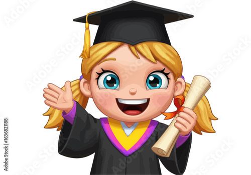 Cartoon graduate girl with diploma wearing graduation cap and gown celebrating success and achievement on transparent background