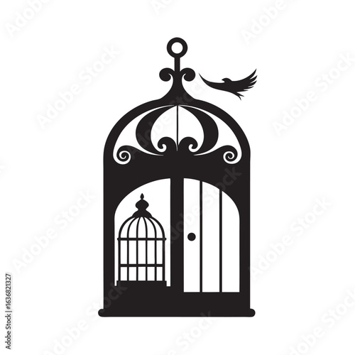 Vintage Birdcage With Open Door Silhouette Vector