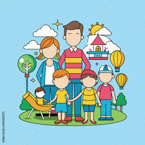 Cartoon depiction of a family outing at a sunny park scene