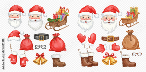 A charming watercolor collection of Santa Claus elements, including his face, costume, sleigh full of gifts, and festive accessories.
