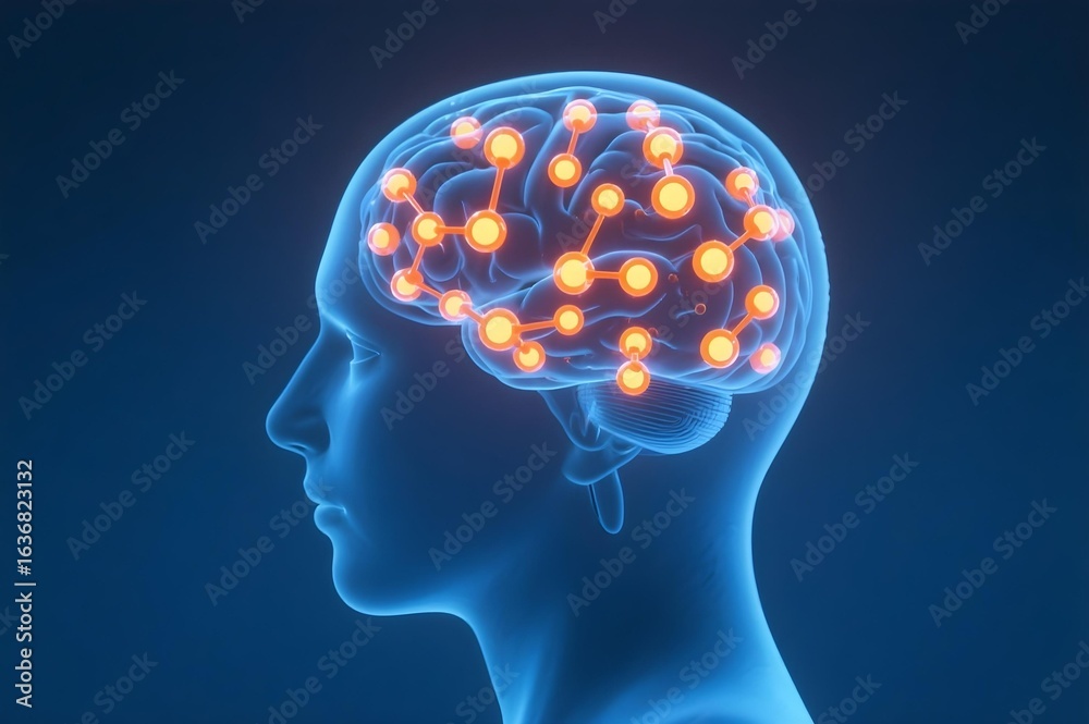 Obraz premium Transparent human head with glowing brain network nodes representing neural connections cognition and mental health