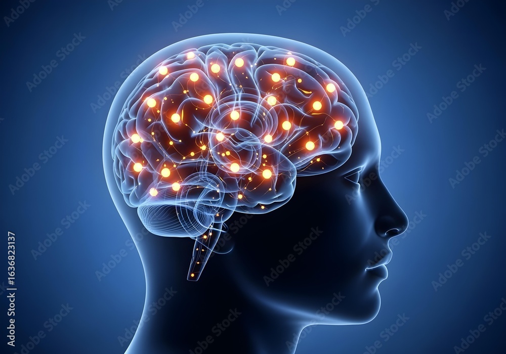 Obraz premium Transparent human head with glowing brain network nodes representing neural connections cognition and mental health
