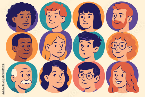 Vector illustration representing a diverse collection of headshot avatars featuring people of various ages and genders, including men and women of both young and old generations