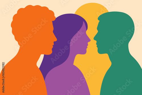Diverse people from different ethnicities and cultures are depicted in abstract silhouette form, highlighting friendship, community, and teamwork in a multiracial society