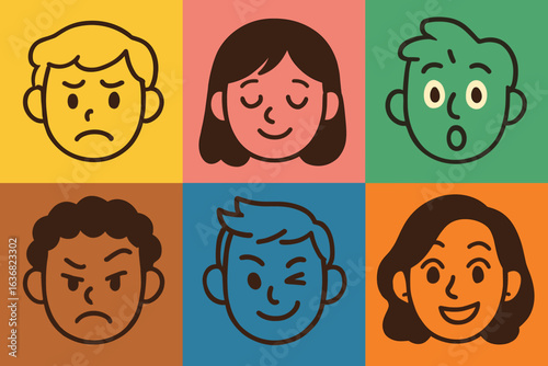 Various individuals exhibit humorous hand gestures and emotions, represented by a vibrant avatar design set featuring modern flat cartoon characters in a simple doodle art style, suitable for