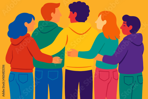 Illustration of happy characters hugging from behind, depicting friendship among boys and girls standing together, a vector set showcasing good relationships between men and women in a group of
