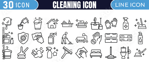 Cleaning Line Icons , 30 Editable Outline Symbols for Cleaning Services & Hygiene