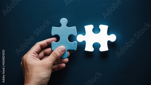 Hand connecting a puzzle piece. Concept of business solution.