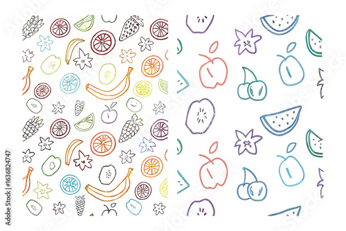 Vibrant Fruit Patterns: A dynamic duo of playful hand-drawn fruit patterns bursting with the zest of life, a celebration of health and natural ingredients.