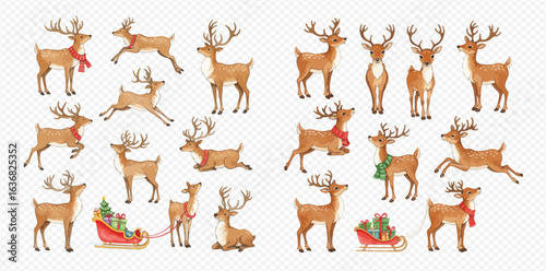 A set of watercolor Christmas reindeer illustrations in various poses, including standing, running, sitting, and pulling sleighs with presents.