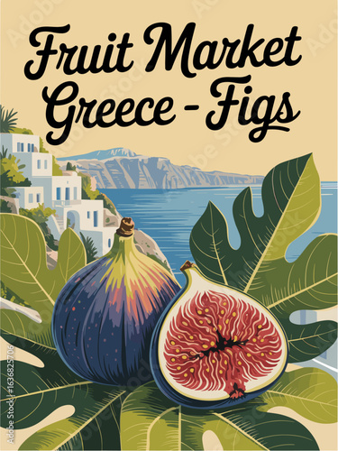 Fruit Market Greece retro poster with Fig fruits and iconic Greek sea beach landscape on the background. Vector art illustration