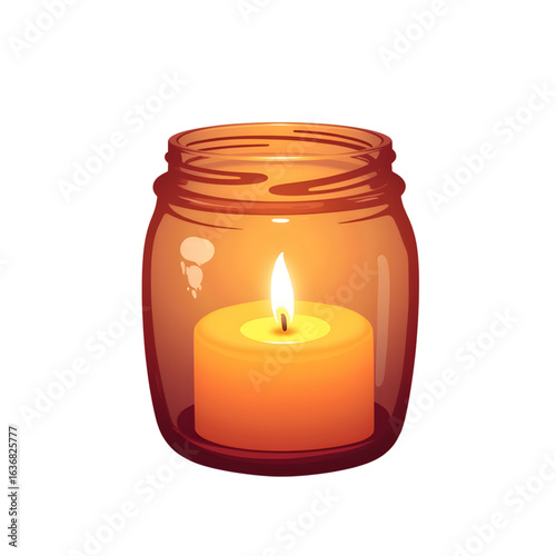 Cozy glass candle jar with flame, warm home decor concept